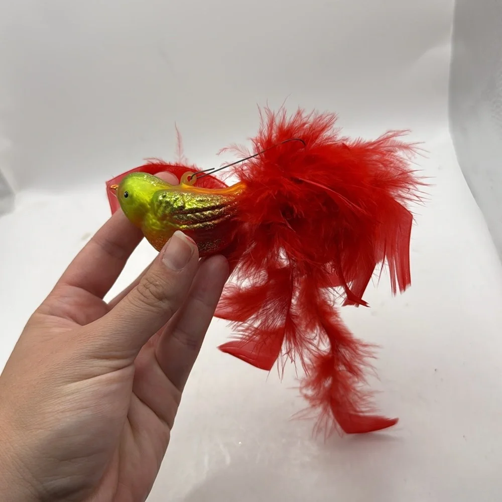 Vintage Red Feathered Bird Glass Ornament Collectible Decor Christmas